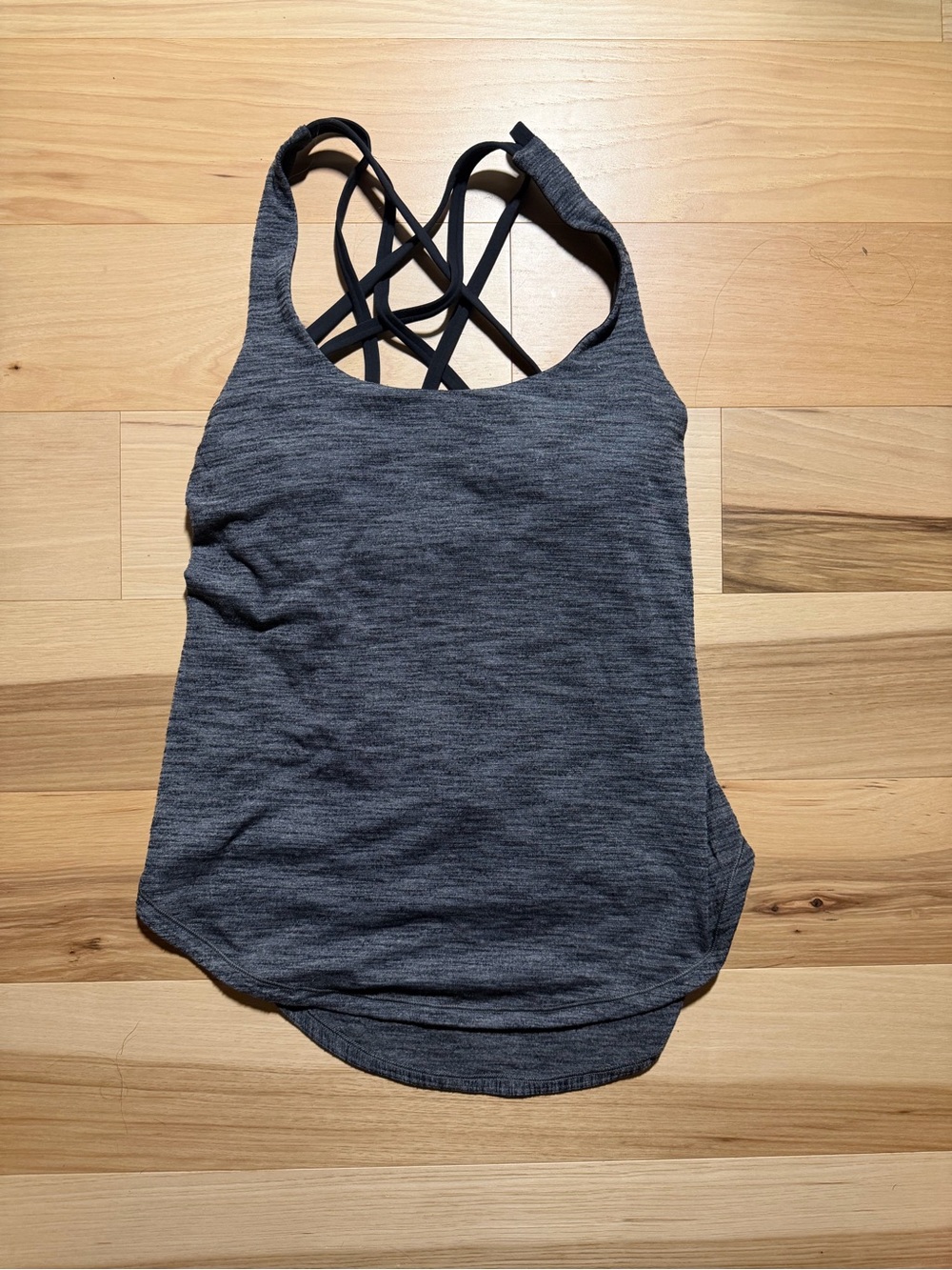 Gray heather Lululemon tank top with criss-cross straps #activewear #athletic
